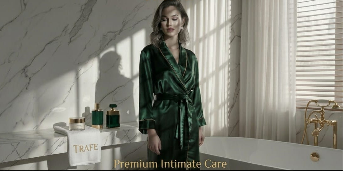 Woman in a green robe standing by a marble wall with 'TRAPE' branding.